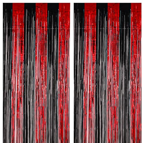 Voircoloria 2 Pack Red Black Foil Fringe Backdrop Curtains Birthday Decor