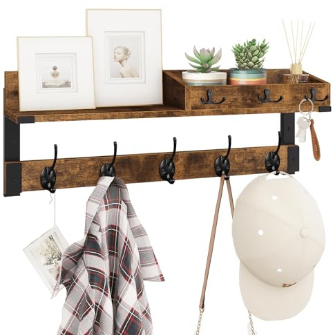 Homode Coat Rack with Shelf, Wall Shelf with Hooks, 26 Inch Long Coat Hanger Wall Mount with Key and Mail Holder, Wood Entryway Shelves for Hanging Hat Jacket Backpack Purse, Rustic Brown Black