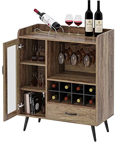 sogesfurniture Cave à vin avec casier à vin et Porte-Verre intégrés, Buffet en Bois, Buffet avec tiroir et Porte en Verre, Rangement de vin pour Cuisine, Salle à Manger, Bar, 75 x 40 x 92 cm