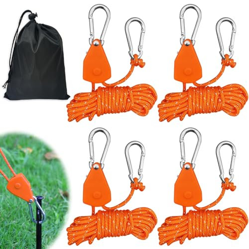 HIULLEN Reflektierend Abspannseile Seil 4 Stück, 4M Seilratsche mit Haken, 1/8 Zoll 4mm Ratchet Hanger, Einstellbare Seil Ratsche, Seil Seilhaken Ratsche Seilratsche für Freien Zelt Zeltplane Camping