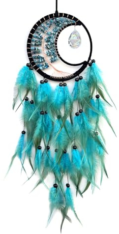 RAGKUU Blue Dream Catcher Wall Decor Tree of Life Dream Catchers with Crystal Pendant Handmade Feather Dreamcatcher Wall Hanging Ornament for Bedroom Living Room Home Decor
