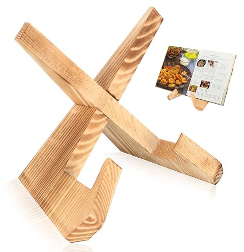 Tenbrachian Kochbuchhalter Holz, Kochbuchständer Holzständer, Buchaufsteller, Kochbuch Halterung zum Lesen Bett, Vintage Rezepthalter Holz Bücherständer für Küche Bücher Tablet Deko(Holzfarbe)