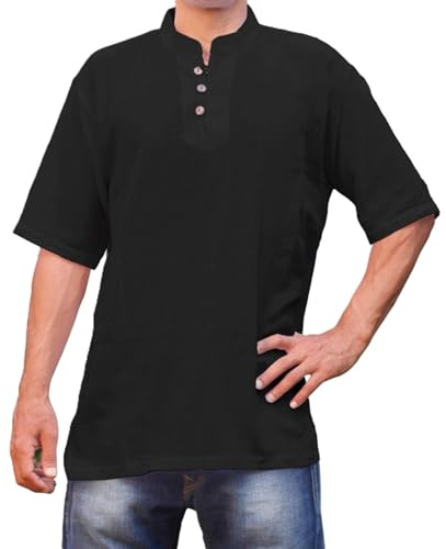 SAVARI - Camisa Manga Corta Hombre de Algodón Cuello Mao, Botones de Madera de Coco. Unisex Casual, Fresca, Ligera y Transpirable. Camisas Hombre Manga Corta, Yoga