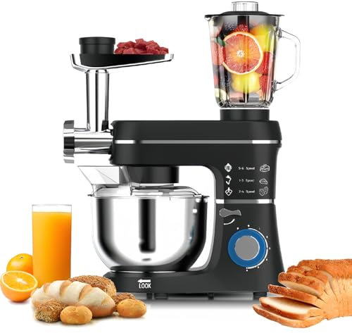 5-in-1 Multifunctional Stand Mixer with 1.5L Glass Mixer Jug and Meat Grinder Electric Kitchen Mixer with 10L Stainless Steel Bowl 6 Speed Food Mixer Juice Blender for Most Home Cooking,Black