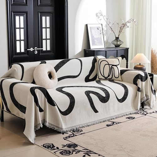 MYSKY HOME Housse de canapé Boho en jacquard 2/3/4 places, Housse de canapé en chenille avec glands décoratifs, Housse de canapé moderne extensible, 180 x 300 cm, Noir Curve