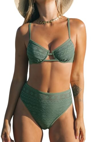 CUPSHE Conjunto de bikini para mujer, traje de baño de dos piezas, cintura alta, aros ajustables, tirantes cruzados, detalle de encaje