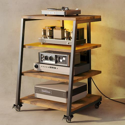 Rack HiFi à 4 niveaux, avec multiprises et étagère réglable, 4 roues pivotantes et 2 lumières LED (contrôle PP), 60 x 51 x 85 cm, pour tourne-disque, étagère HiFi en bois et acier