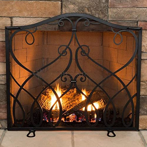 WTLONBF Pantalla de Hierro para Chimenea Fire Guard de un Solo Panel, Independiente con Rejilla de Malla, protección contra chispas para Uso en Exteriores e Interiores, Color Negro