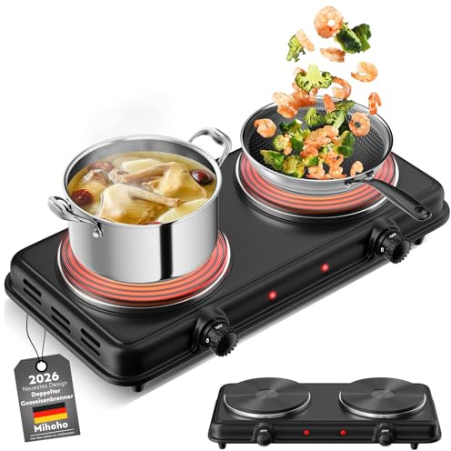 Piastra di cottura doppia per cucina 2000 W, piastra elettrica con 2 piastre di cottura, controllo della temperatura, pentola portatile e base in acciaio inox facile da pulire (nero M)