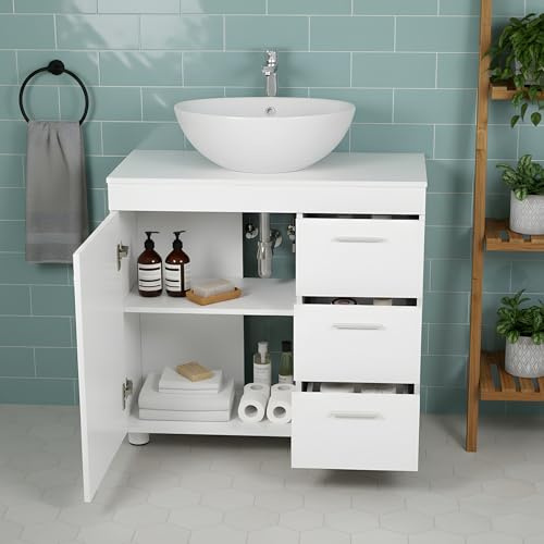 GOKHOMX Meuble sous Lavabo Blanc, Meuble de Salle de Bain sur Pied avec 3 Tiroirs et 1 Porte et Étagère Réglable, Armoire de Rangement sous Vasque Cache Siphon en Bois (70x30x64 cm)