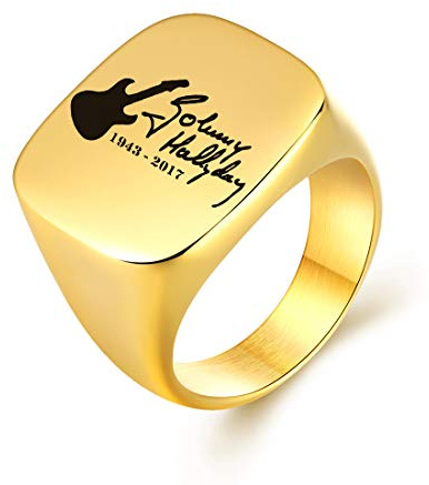 AFSTALR Johnny Hallyday Bague Chevalière Homme Acier Inoxydable Anneau Bague Sceau avec Signature Johnny Le Boss Rock