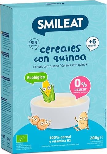 Smileat - Papilla para peques Ecológica de Cereales con Quinoa - Sin Azúcar Añadido y Sin Aditivos - Ingredientes Vegetales - Fácil de Diluir y Preparar - 200 g