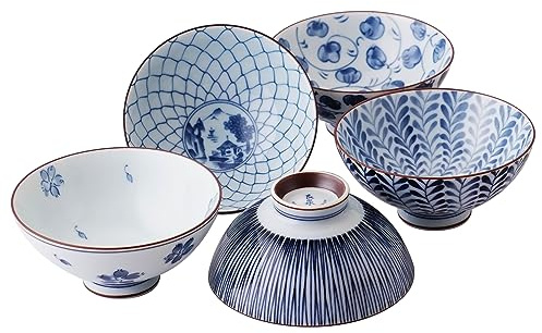 Mino Ware Japanese Pottery Set - Traditional Rice Bowls - Blue and White Asian Bowls - Hand Painted - Premium Ceramic - 5 Piece Soup Bowl Set