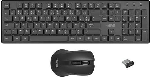 APM 100042 - Paquete de Teclado de Mouse inalámbrico - Combo de Teclado Azerty y Mouse óptico - Tecnología inalámbrica de 2.4 GHz - Funcionamiento Ultra rápido - Atajos - Teclado de Oficina - Negro