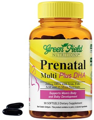 Greenfield Nutritions Halal Prenatal Vitamins with DHA and Folic Acid - Essential Prenatal Pregnancy Multivitamin with Iron - Contains 17 Vitamins for Mom to Be - Easy to Swallow 90 Liquid Softgels