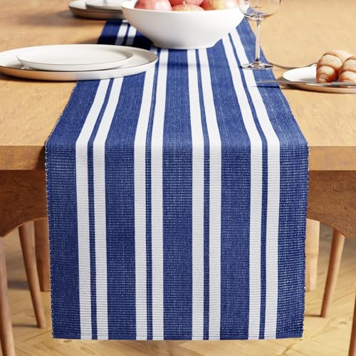 Encasa XO Runner da Tavola | Cotone a Coste Sottili Tinto in Filato | Dimensioni 32x250 cm | Franca Strisce Blu | Lavabile in Lavatrice