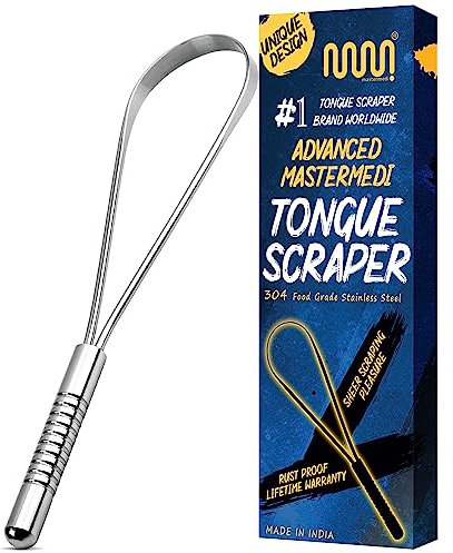 MasterMedi Raschietto per lingua, trattamento dell'alito cattivo per adulti e bambini, di grado medico, 100% acciaio inossidabile, per la cura orale, facile da usare, con design ergonomico per