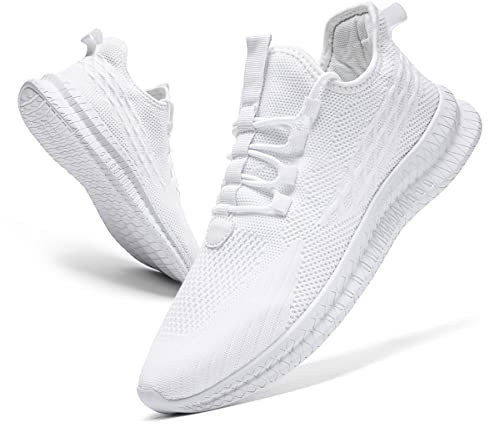 FUJEAK Mens Trainers Shoes Walking Running Gym Slip on Tennis Sneakers Joggers Sport Casual Outdoor Fashion Jogging Shoes Lightweight Breathable Comfortable White Size 8 UK
