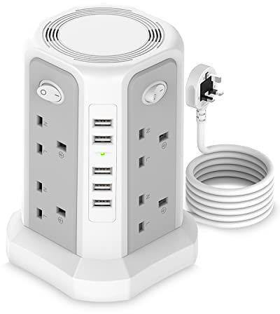 3M Tower Extension Lead with 4 Individual Switches, 8 Way Power Strip(3250W 13A) with 5 USB Ports and Multi-Protection Overload Protection Extension Socket Tower for Home, Office, Kitchen Use