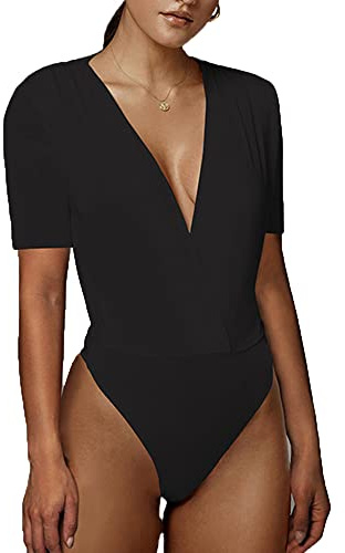 TTPSRY Body Manche Courte Femme Col V Profond Bodysuit Élégant Moulant Manches Courtes Bodys pour Femme Top Shapewear Thong Vêtement Sculptant