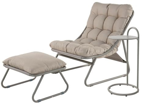 Grand patio Loungesessel Outdoor Gartenliege, Relaxsessel Sonnenliege Wetterfest, Liegestuhl mit Beistelltisch und Gartenhocker, Weiche Auflage, für Garten,Terrasse, Bis 150 kg, Champagnerfarben