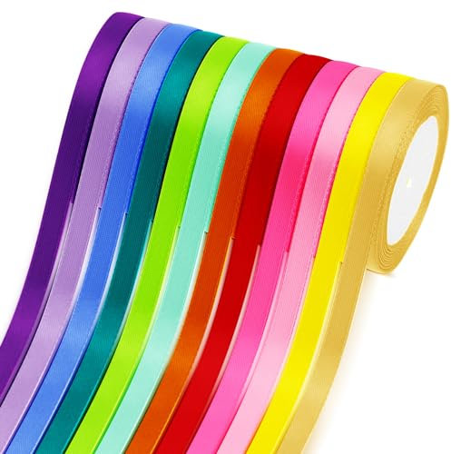Polyester Satinband Set,12 Farben 10mm x 22m Geschenkband Stoff Dekoration Bänder für Bastelarbeiten,Schleifen,Geburtstag und Hochzeitsdekoration,Geschenkverpackung