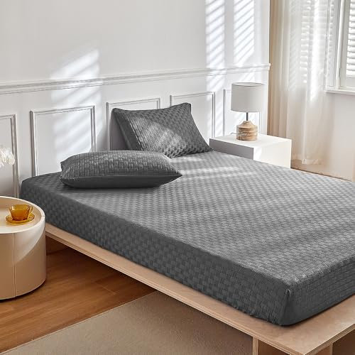 Tospass Jersey Spannbettlaken 120x200cm Dunkelgrau Grau Jacquard Spannbetttuch, Bettlaken 120x200cm Bis 35 cm Matratzenhöhe, Leintuch 120x200 mit Gummizug, Oeko-Tex Zertifiziert