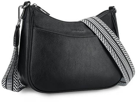 APHISON Petit sac à bandoulière avec large sangle - En cuir végétalien - Pour femme - Avec bandoulière amovible - Fente pour cartes - Sac de voyage, Noir , 27.4 cm x 8.1 cm x 21.6 cm, Rétro