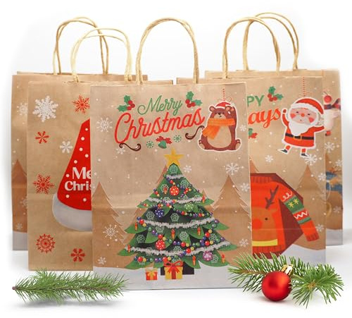 Set Da 12 Sacchetti Regalo Natale Medi, Sacchetti Di Carta Natalizi Comodi E Con Maniglia Resistente, Buste Natalizie 25,5x21x10cm, Regali x Natale