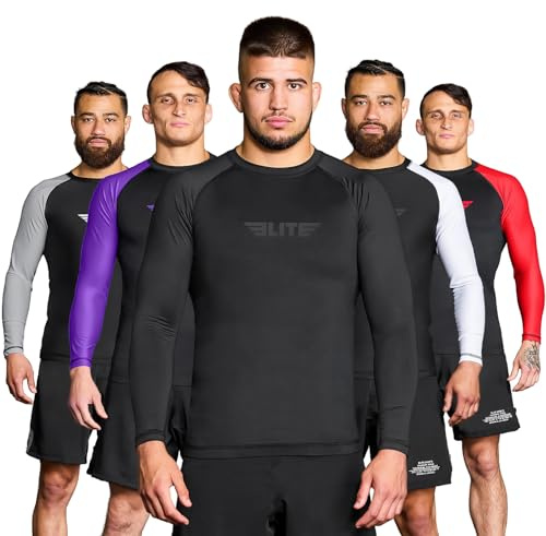 Elite Sports Men's Jiu Jitsu BJJ Rash Guard, Long Full Sleeve Compression Shirt for Sports Nogi Training, IBJJF Rank Color