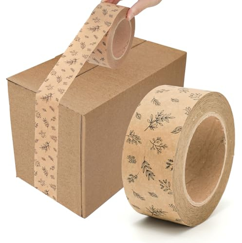FYSUIMU 55 Yard Kraft Paper Packing Tape Botanical Leaves Brown Gift Wrapping Tape Waterproof Shipping Tape for Small Business DIY Crafts Box Carton Decor