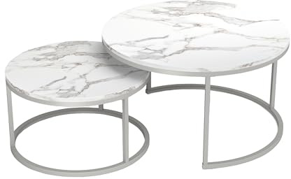 Soayone Couchtisch Marmor Optik, Runder Wohnzimmertisch, Weiß Couchtisch Silber, Satztische fürs Wohnzimmer, Wohnzimmer Tisch für Couch,80 x 80 cm & 60 x 60 cm