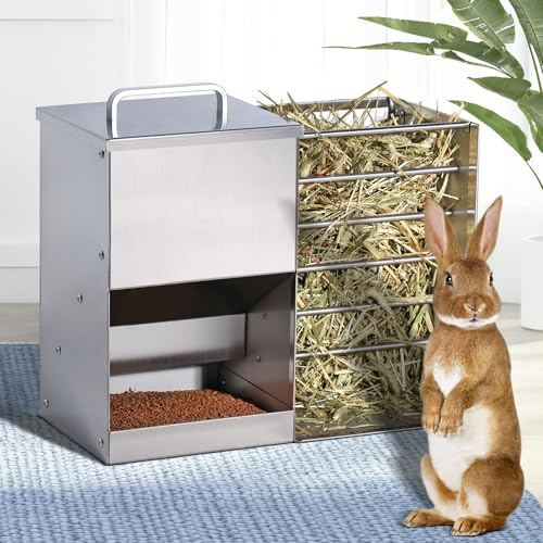 MOGOULUA Râtelier à foin 2 en 1 en acier inoxydable - Distributeur de nourriture pour lapins - Litière pour chat - Bouteille d'eau - Gamelles pour hamster