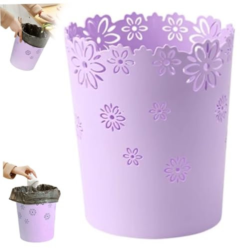 Cestino per bagno, bidone della carta per scarpe, cesto di carta cavi in ​​plastica da 6,3 pollici, bidone dei rifiuti rotondi in pizzo di fiori per camera da letto, bagno, cucina e viola dell'uffic