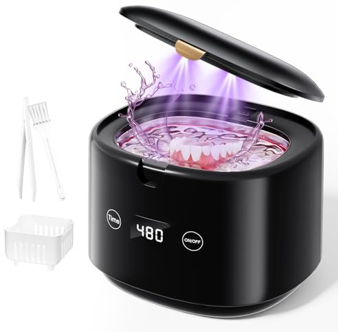 BRNMLD Nettoyeur de retenue à ultrasons, 45 kHz Sonic Retainer Cleaner Machine de nettoyage dentaire pour dentiers, protège-dents, appareils dentaires, appareils dentaires, bijoux, 5 modes pour tous