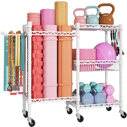 FUTASSI S2 Home Gym Storage Rolling Yoga Mat Storage and Organizer Sport Equipment Rack for Hantells, Kettlebells, Foam Rollers, Resistance Bands 30.0 cm D x 91.4 cm W x 82.5 cm H, White
