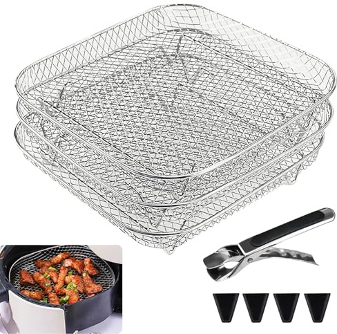 Air Fryer-ställ, Friteuse À Air-galler, Air Fryer-ställ, Grillgaller Air Fryer-tillbehör, Friteuse À Air-fäste, Air Fryer-galler med 8 silikonfötter i 3 skikt, 1 klämma