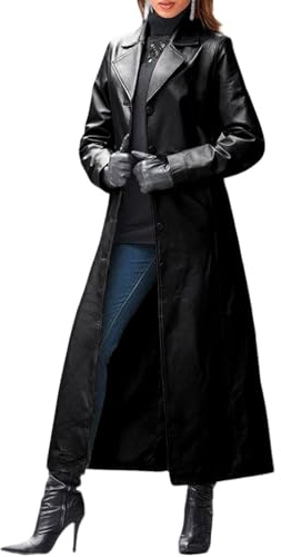 utcoco Womens Faux Leather Trench Coat Classic Lapel Button Down Maxi Jacket 2025 Stylish Overcoat (X-Large, Black)