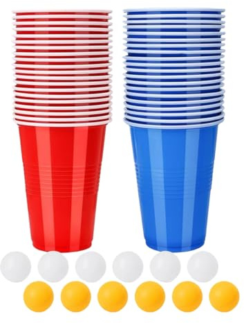 500ML Riutilizzabil Plastic Party Cups, 40 Beer Pong (20 Rosse e 20 Blu) + 12 Palline, , Tazze da Festa per Giochi di Bevute,Festa di Natale Divertimento e Gioco Party Cups Gioco alcolico per Adulti F