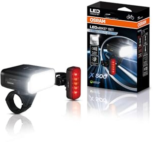 Osram LEDsBIKE Explorer X 500, Kit d'éclairage vélo Rechargeable : Avant et arrière, Tout-Terrain, Trois Niveaux d'éclairage et Mode Clignotant, 500 lumens, Compatible avec Les Supports Garmin.