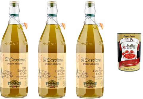 Italian Gourmet Farchioni Huile d’olive extra vierge 3 x 1 L bouteille verre – goût rustique, extrait à froid, cuisine italienne & méditerranéenne, assaisonnement, marinades + Italian Gourmet Polpa