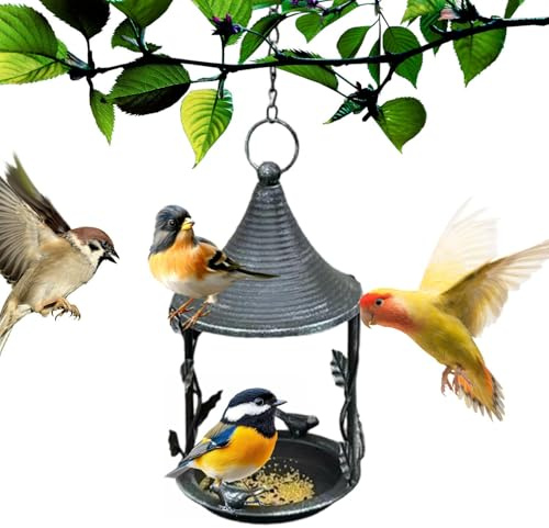 Pruojhw Distribuidor de Alimentos para Pájaros Metal | Comederos Decorativos con Techo de Cubierta - Suspendable al Aire Libre - para Jardín Patio