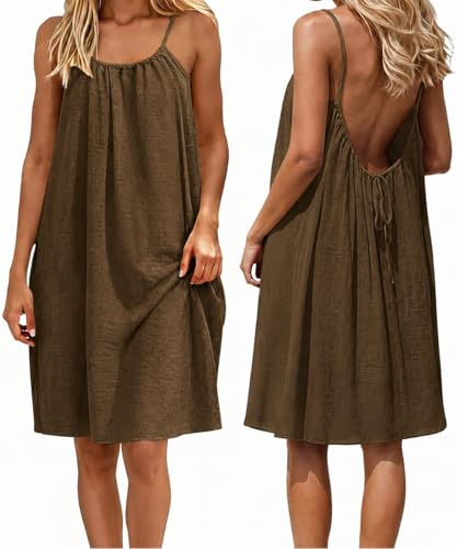 GRMLRPT Robe de Plage Femme Robe Dos Nu Couleur uni Bretelles Spaghetti sans Manche Casual Ete Femme Mi-Longue Robe Col Rond Chic