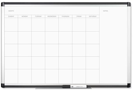 U Brands PINIT Magnetic Dry Erase Monthly Calendar White Board with Cork Pin Strips Across The Top and Bottom, 36 x 24 Inches, Silver Aluminum Frame