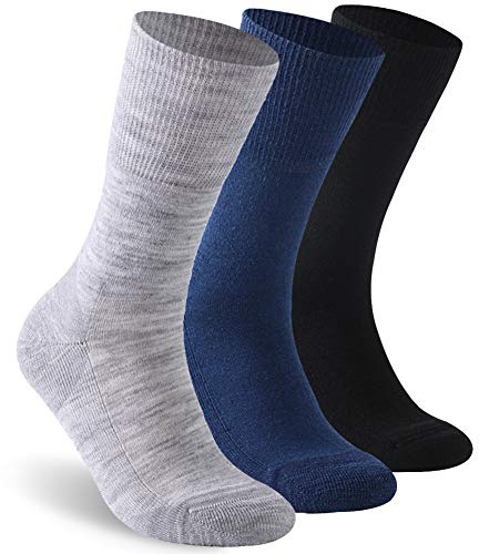 Facool Merino Wool Diabetic Socks, Light Diabete Non Binding Loose Top Neuropathy Crew Moisture Wicking Socks, 3 Pairs Multicolor (Black, Light Grey, Navy Blue), US Women 10-13 / US Men 9-12