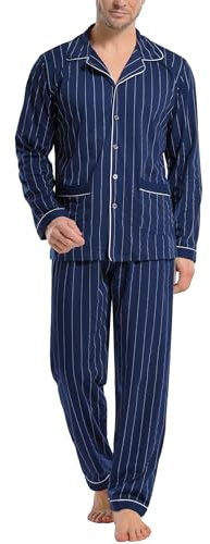 iClosam Pyjama Homme Long à Manches Longues Vêtements de Nuit Coton à Rayé Col V Ensemble de Pyjama avec Bouton Doux Pyjama Hiver Deux Pièces