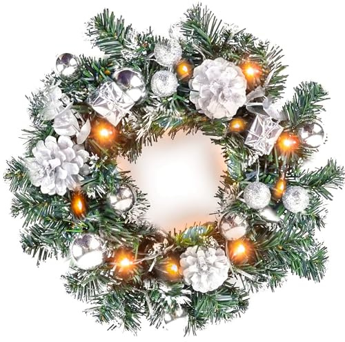 Christmas Wreath Front Door, 40CM Glowing Garland with Battery Operated String Lights, Hanging Decorations for Party, New Year, Yard Garden Outdoor Tree Window Patio Pathway Decoration (Silver)