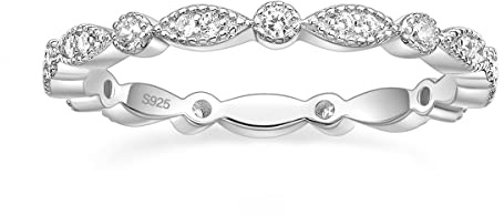 EAMTI 925 Sterling Silver Wedding Band for Women Cubic Zirconia Marquise & Round Milgrain Full Eternity Stackable Ring Size 7