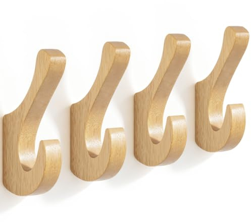 SAUNNIHEN 4pcs Perchero Madera, Gancho de Pared para Albornoces Ropa Sombreros Toallas, Colgador con Tornillos, para Entrada Recibidor Dormitorio Baño Cocina Pasillo