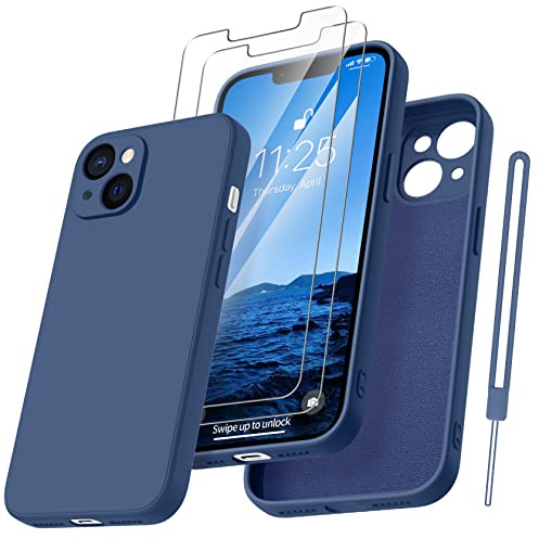 Qasyfanc Coque Protection Caméra pour iPhone 13 avec 2 Pièces Verre Trempé, Housse de Protection Silicone Antichoc Doublure Microfibre Douce Ultra Fine Coque iPhone 13 6.1 (Bleu Saphir)